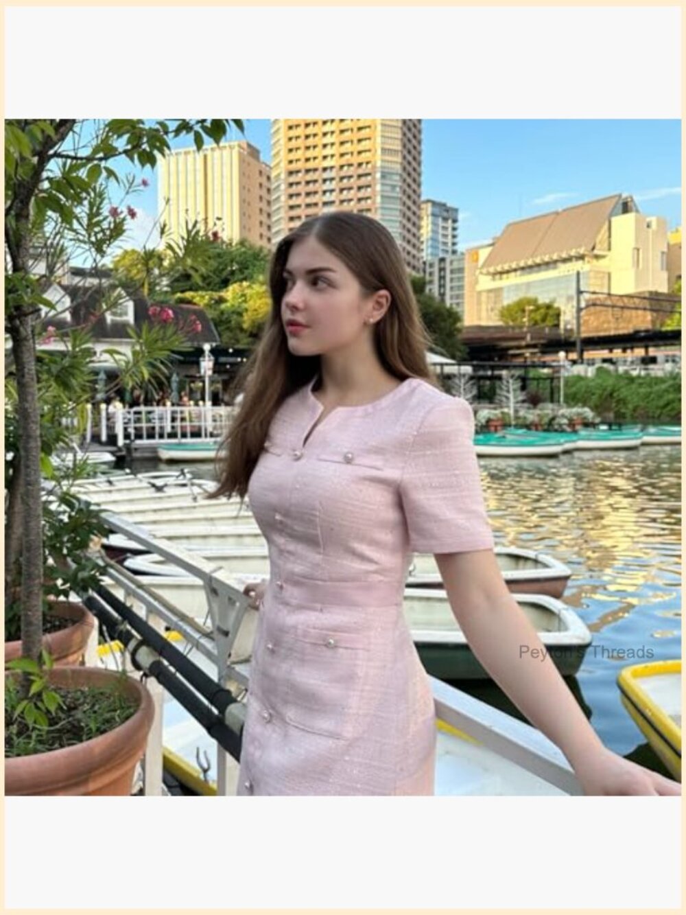 Short Sleeve Tweed A-Line Dress With Pearl Buttons V-Neck - Picture 2 of 7